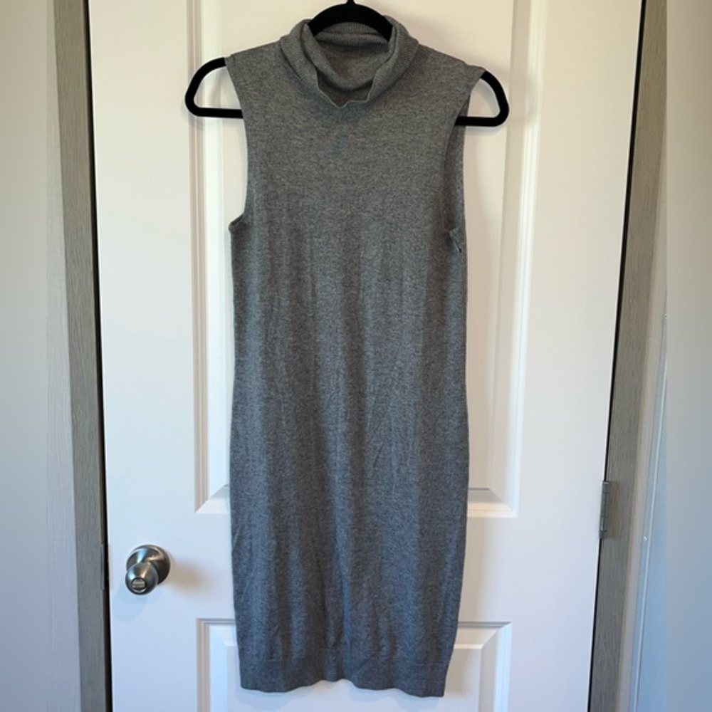 One Grey Day Dress Sleeveless Merino Wool Blend Turtleneck Midi Length